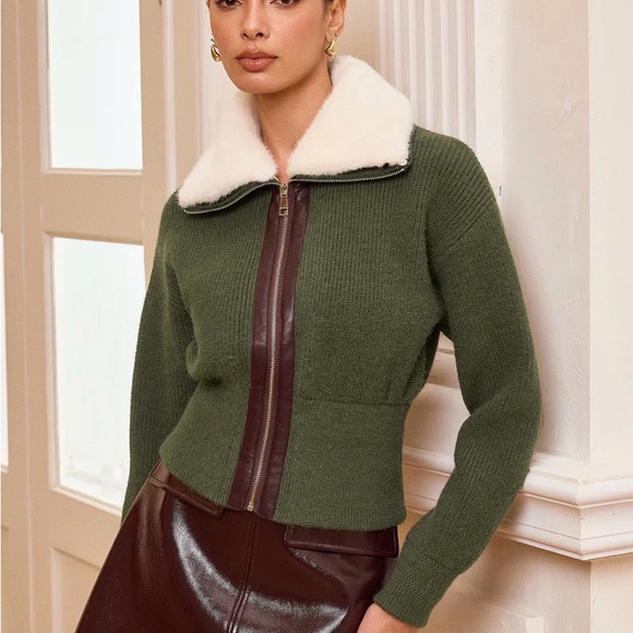 Commense Olive Bomber Jacket with Cream Collar - Picture 5 of 5